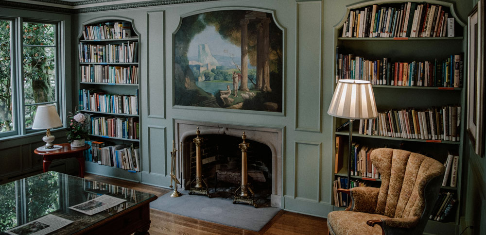 restored built in bookcase and fireplace